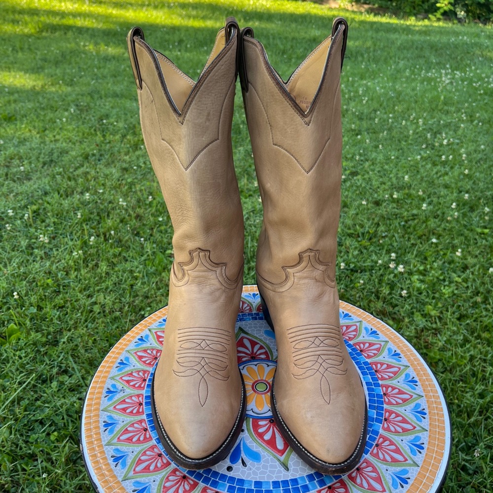 Vintage Justin 1325 Men's 12E Euro Elk Leather Cowboy Boots Tan Made in USA Y2K
